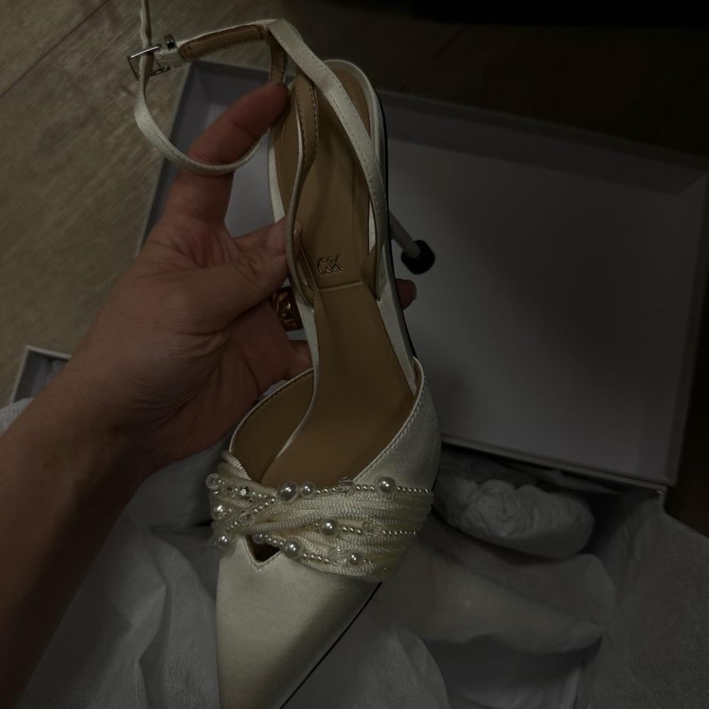 Elegant Cream Satin Heels with Pearl Detailing